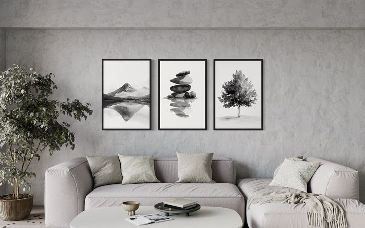 Mount Fuji, Zen Rocks, Maple Tree Black White Japandi Framed Canvas Wall Art