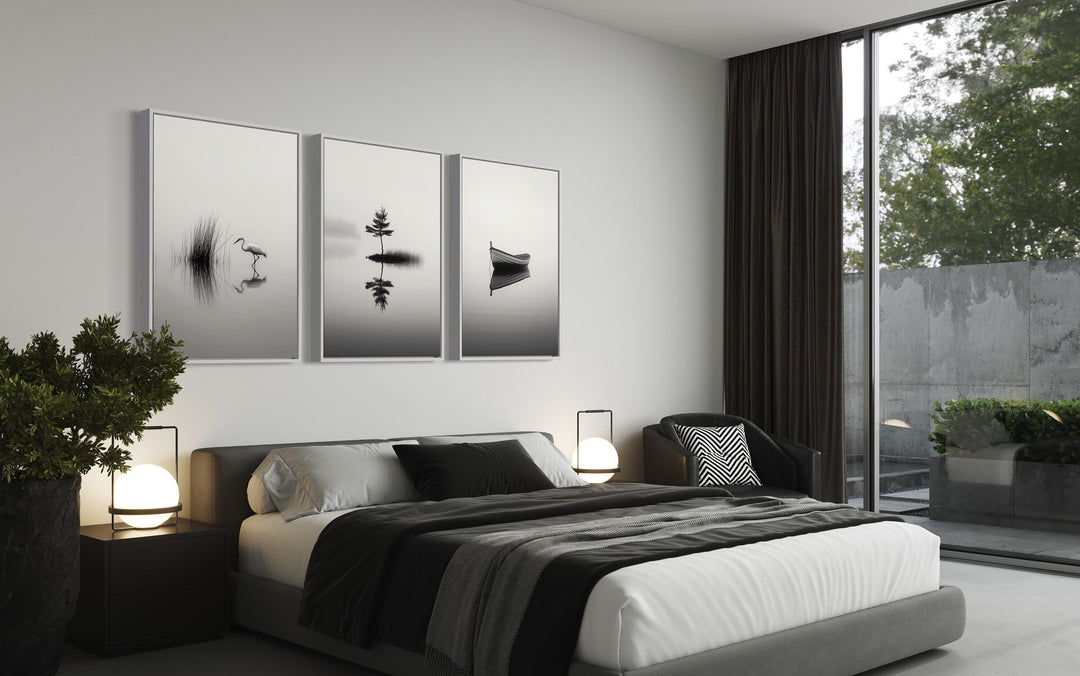 Japandi Wall Art, Set Of 3 Black White Foggy Lake, Japanese Crane, Boat And Maple Tree above bed