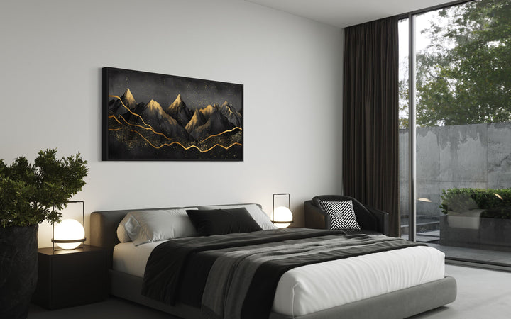 Black Gold Abstract Mountain Wall Art above black bed