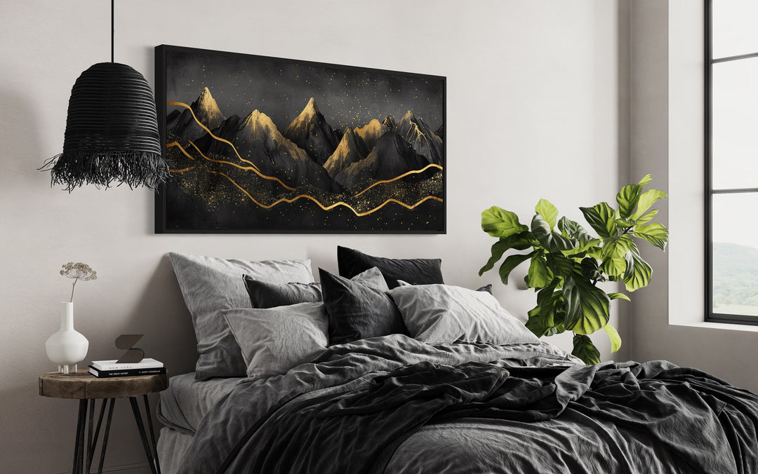 Black Gold Abstract Mountain Wall Art above bed side view