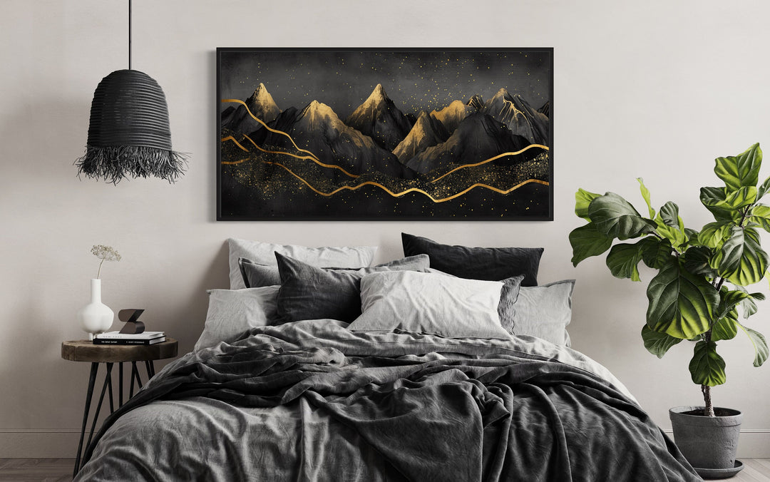 Black Gold Abstract Mountain Wall Art above black bed