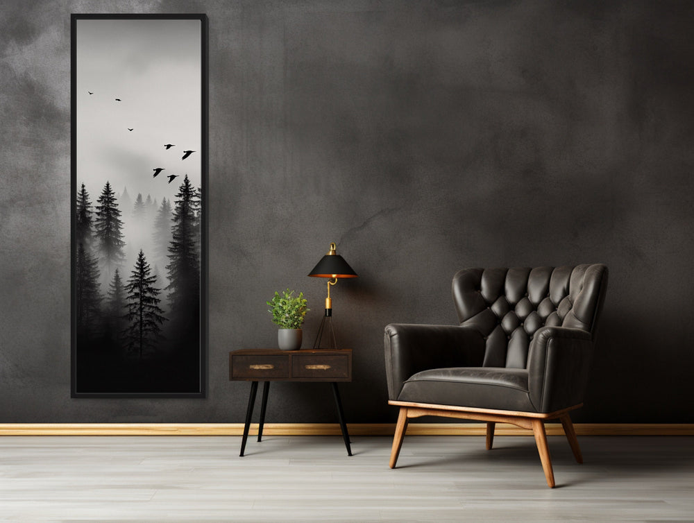 Tall Narrow Foggy Forest Black White Vertical Framed Canvas Wall Art on the wall