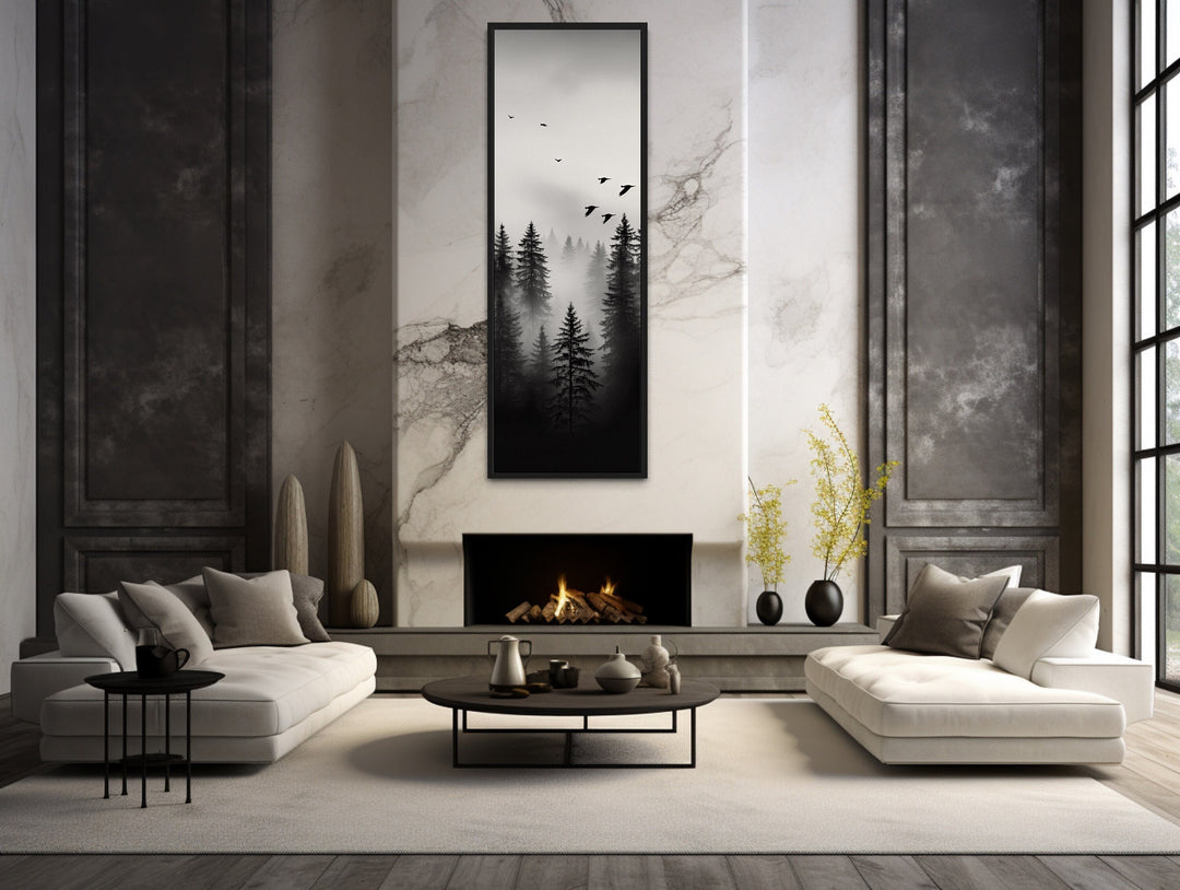 Tall Narrow Foggy Forest Black White Vertical Framed Canvas Wall Art