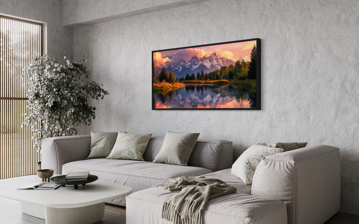 Grand Teton National Park Landscape Framed Canvas Wall Art above grey couch