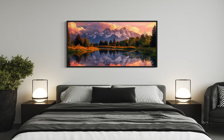 Grand Teton National Park Landscape Framed Canvas Wall Art above bed