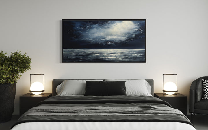 Dark Horizontal Starry Night Ocean Seascape Framed Canvas Wall Art above bed