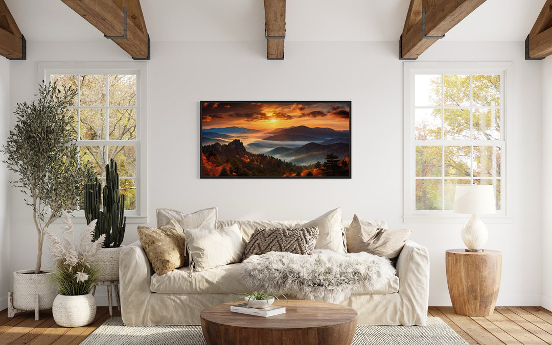 Appalachian Mountains Sunset Framed Canvas Wall Art above beige couch