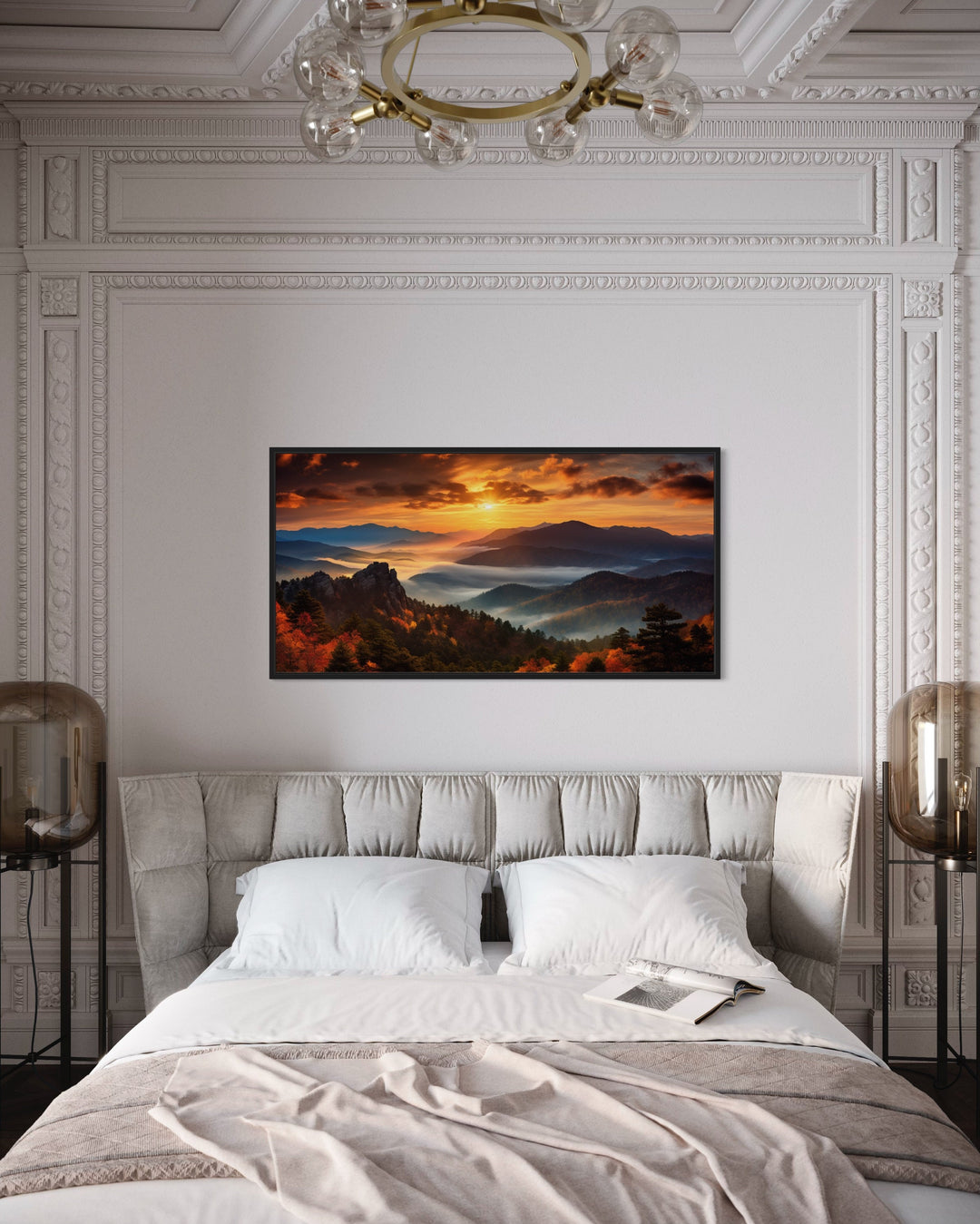 Appalachian Mountains Sunset Framed Canvas Wall Art above bed