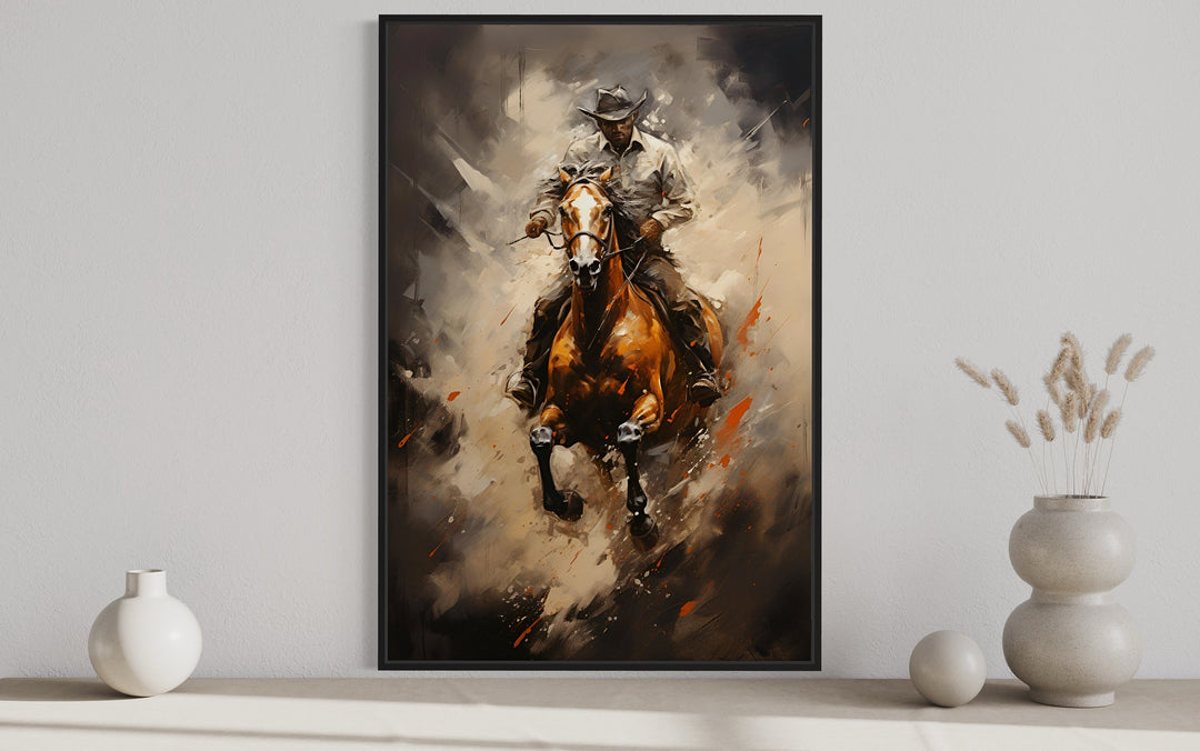 Cowboy Riding A Horse Framed Southwestern Wall Art close up