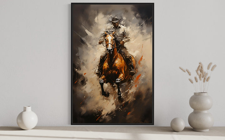 Cowboy Riding A Horse Framed Southwestern Wall Art close up