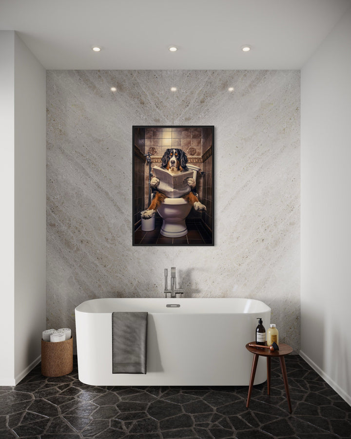 Bernese Mountain Dog On The Toilet Reading Newspaper Wall Art in the bathroom