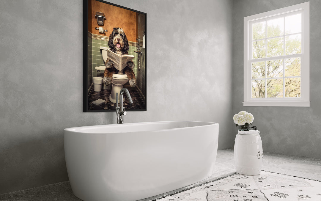 Bernedoodle Dog On The Toilet Reading Newspaper Wall Art above white bathtub