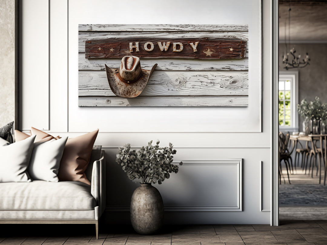 Howdy Sign Vintage Rustic Cowboy Southwestern Canvas Wall Art in rustic room