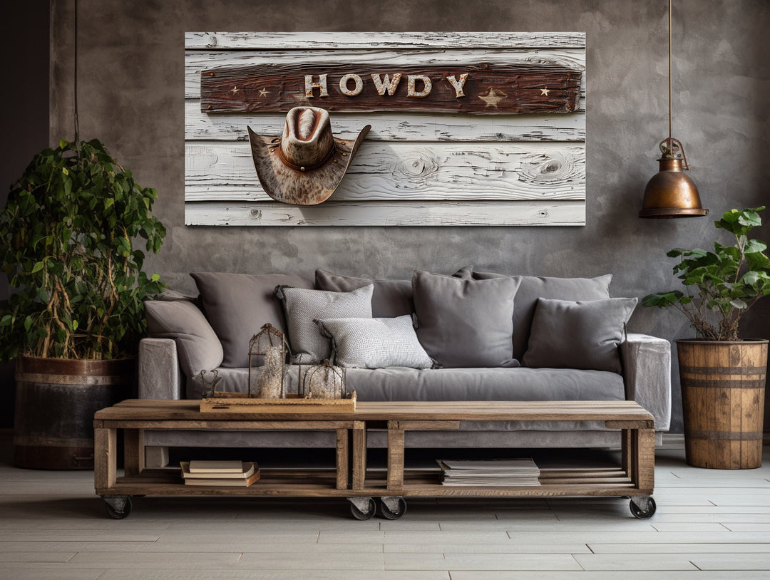 Howdy Sign Vintage Rustic Cowboy Southwestern Canvas Wall Art in living room