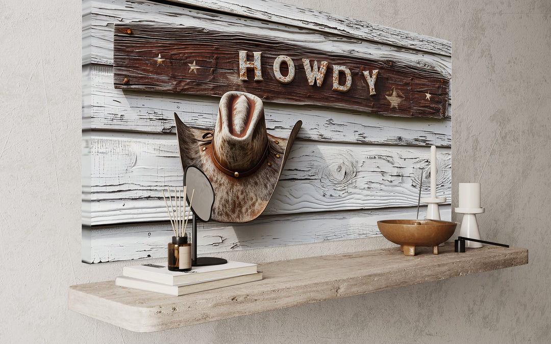 Howdy Sign Vintage Rustic Cowboy Southwestern Canvas Wall Art side view