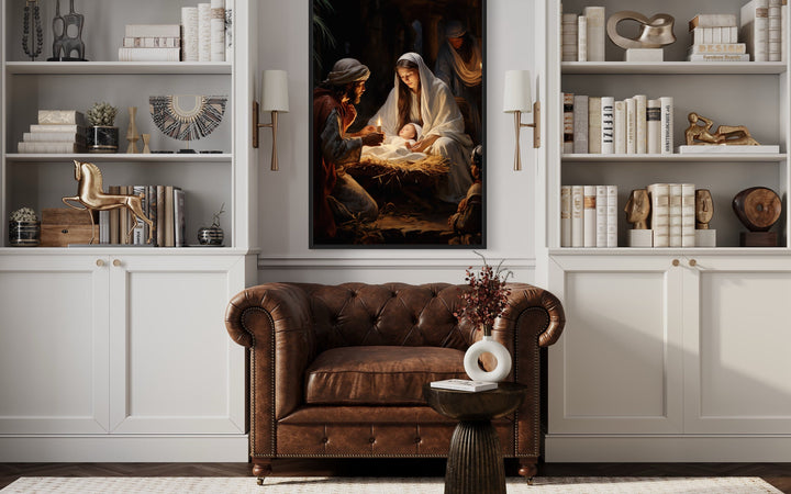 Nativity Birth of Baby Jesus Framed Canvas Wall Art above armchair