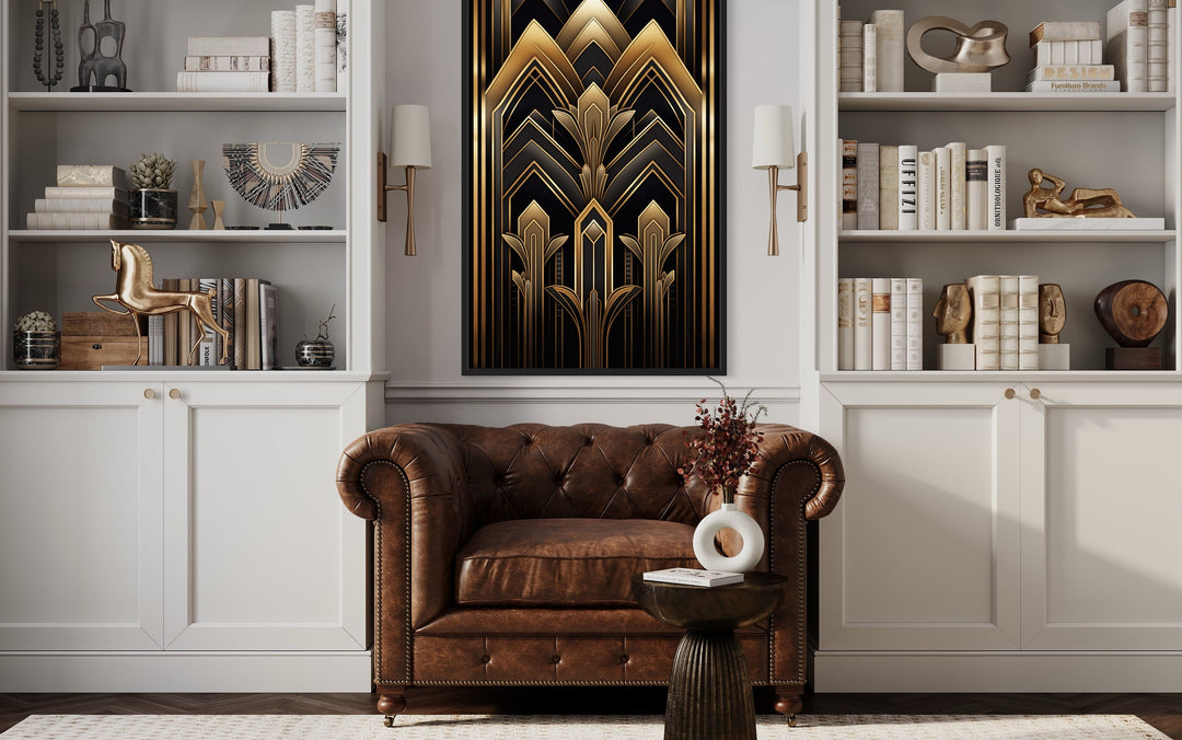 Black Gold Art Deco Luxury Framed Canvas Wall Art above armchair