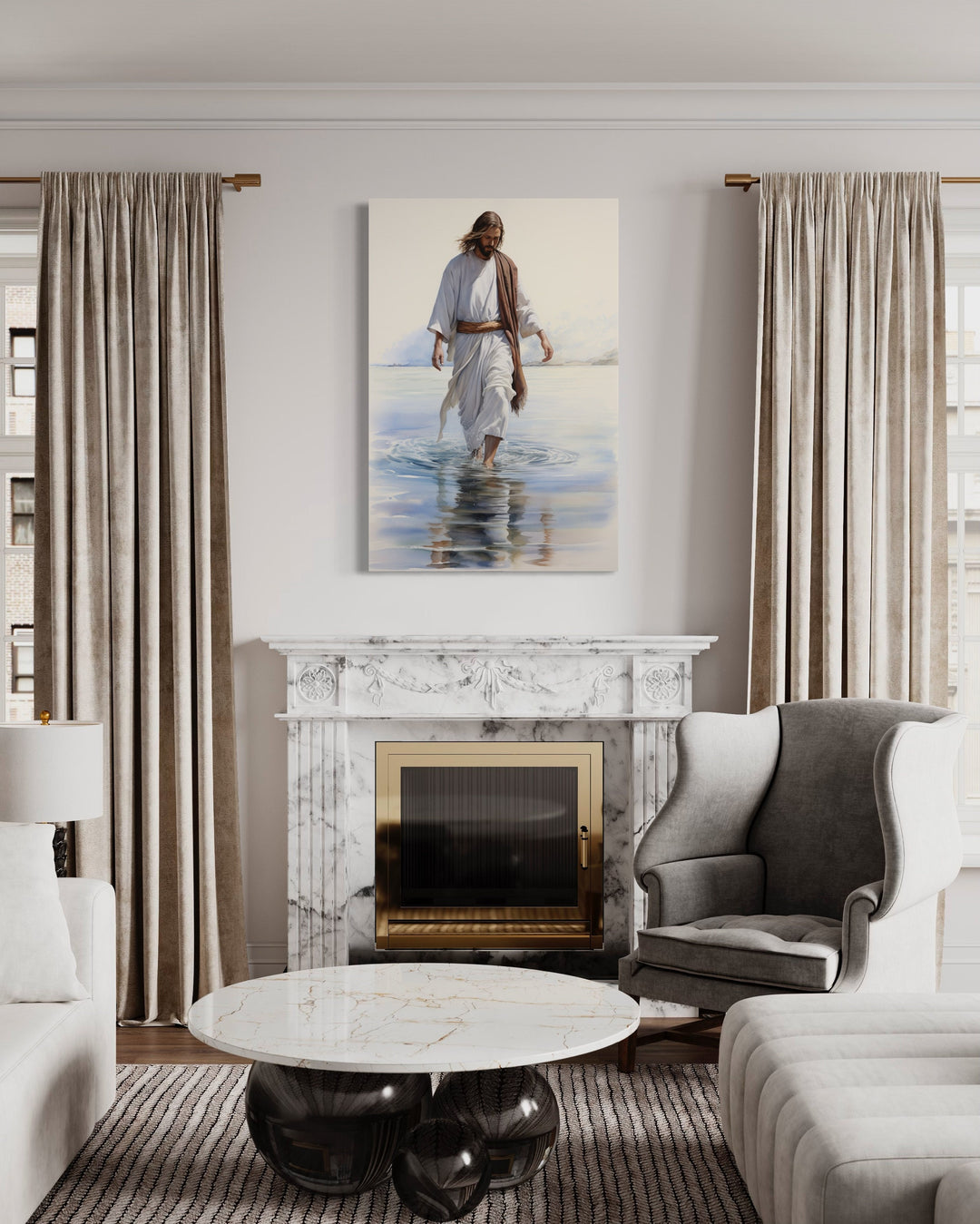 Jesus Walking on Water Watercolor Painting Framed Canvas Wall Art above fireplace