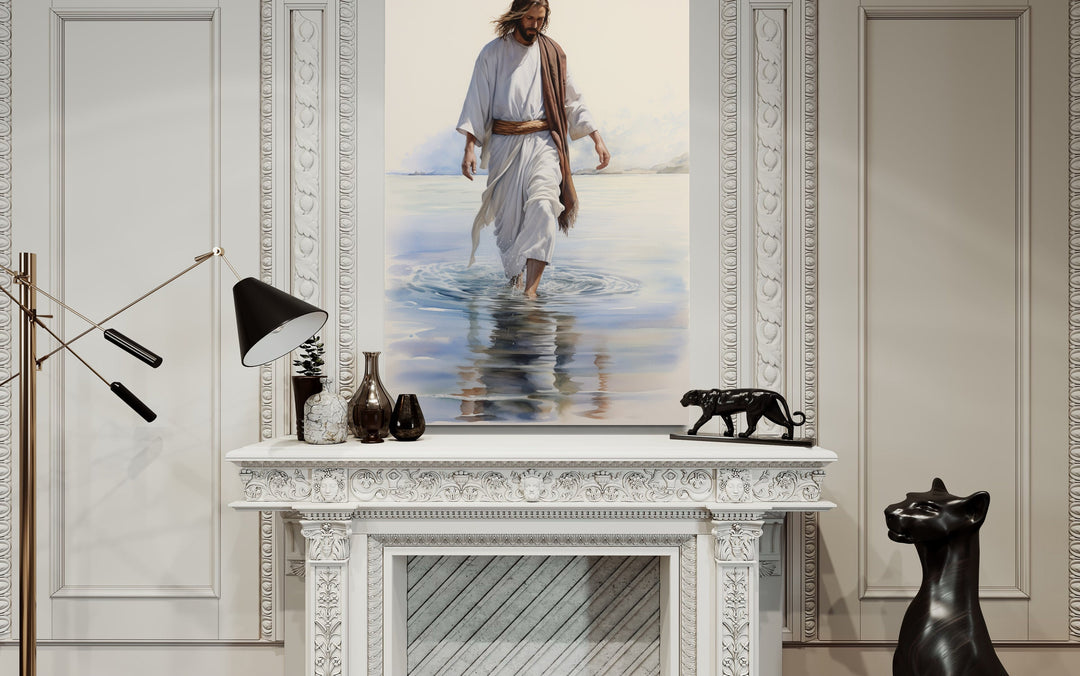 Jesus Walking on Water Watercolor Painting Framed Canvas Wall Art close up