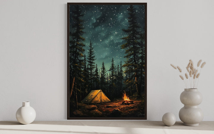 Campfire And Tent In Pine Tree Forest Camping Wall Art close up