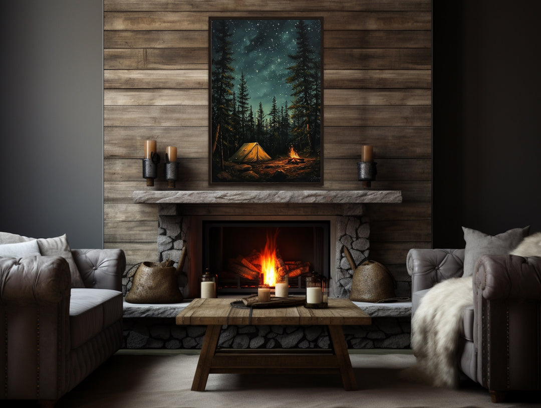 Campfire And Tent In Pine Tree Forest Camping Wall Art above fireplace