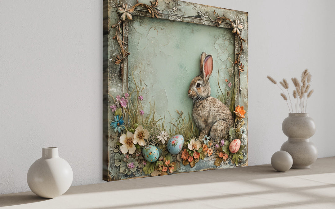 Shabby Chic Easter Bunny With Eggs Framed Canvas Wall Art side view