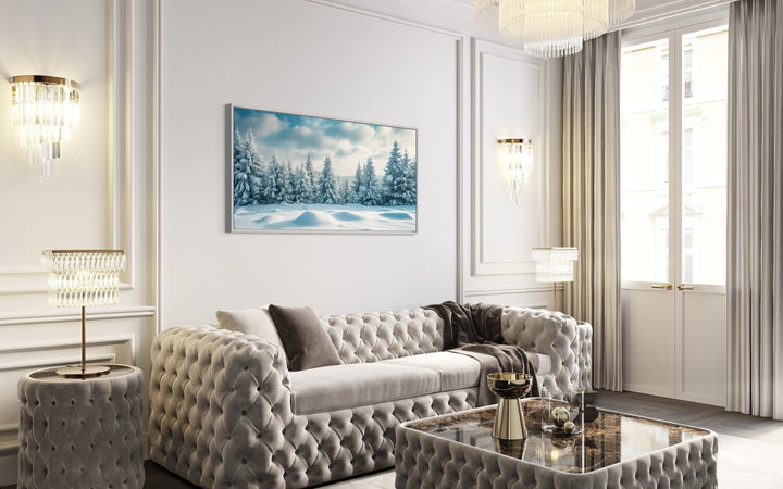 Fir Tree Forest Covered In Snow Winter Landscape Wall Art in living room