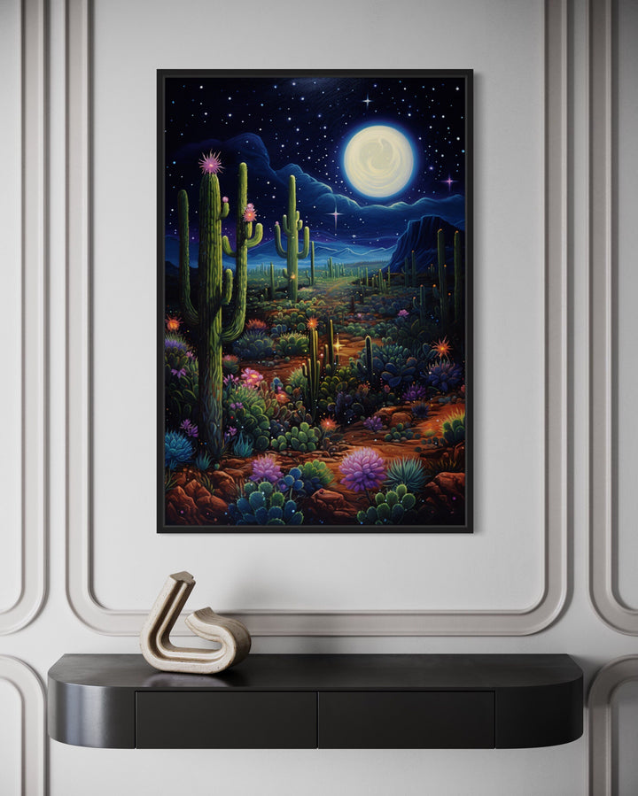 Sonoran Desert At Night Mexican Framed Canvas Wall Art
