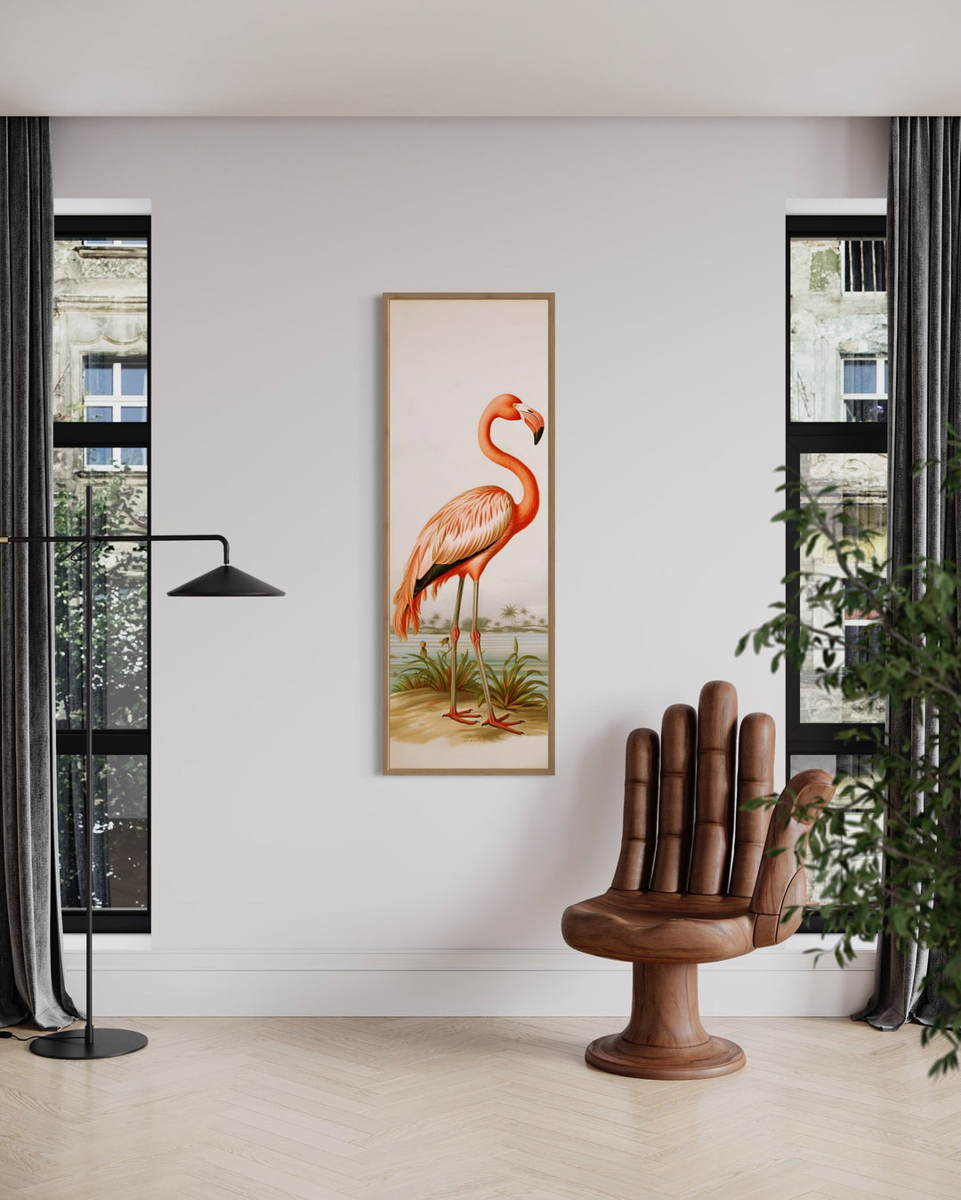 Tall Narrow Vintage Flamingo Vertical Wall Art in modern living room