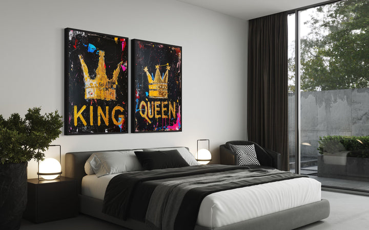 Set of 2 King And Queen Crowns Pop Art Framed Canvas Wall Art above bed side view
