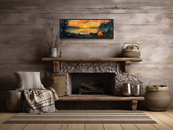 Lake Forest Camping Landscape With Campfire Horizontal Wall Art above fireplace