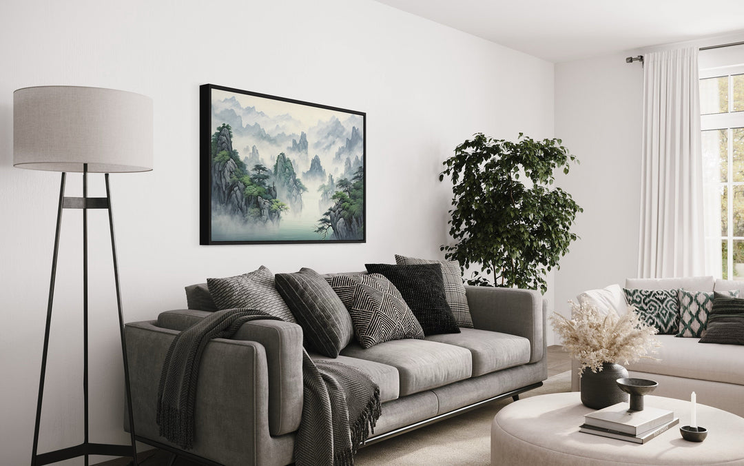 Traditional Chinese Mountain Landscape In Shan Shui Hua Style Framed Canvas Wall Art above grey couch