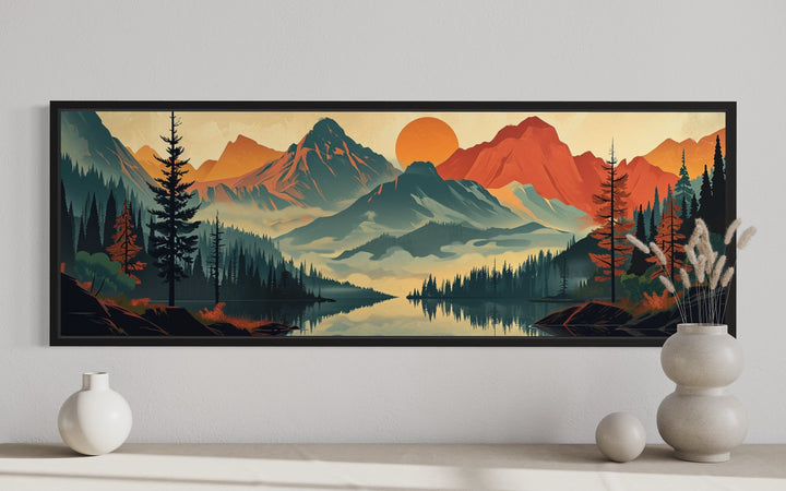 Mountains, Forest And Lake Mid Century Modern Horizontal Landscape Canvas Wall Art close up