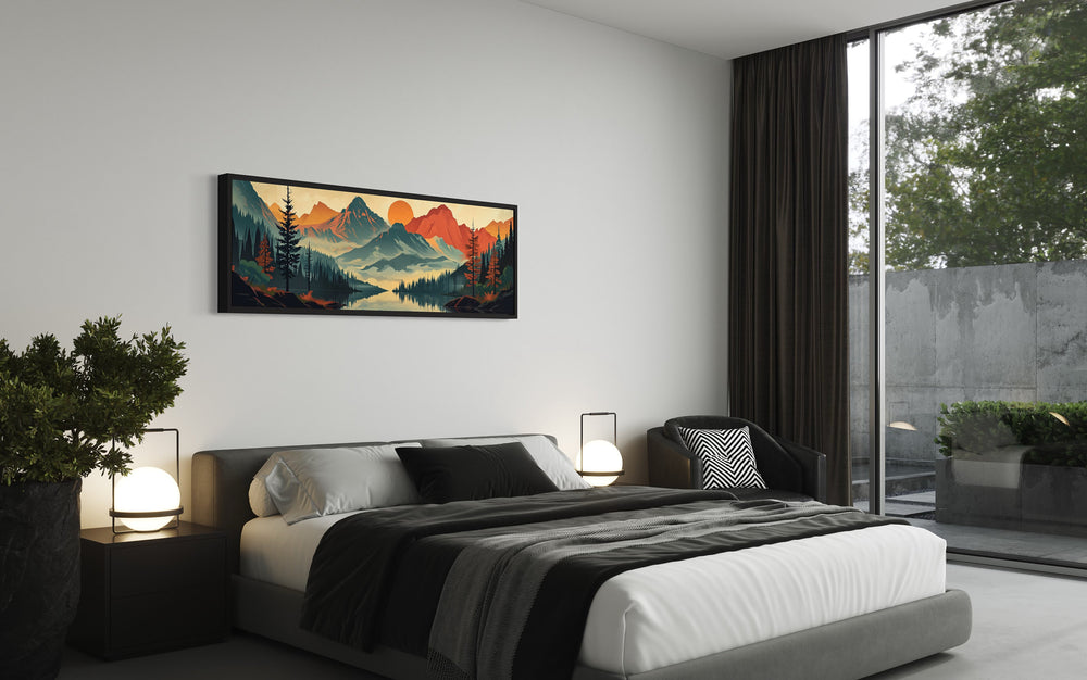 Mountains, Forest And Lake Mid Century Modern Horizontal Landscape Canvas Wall Art above bed