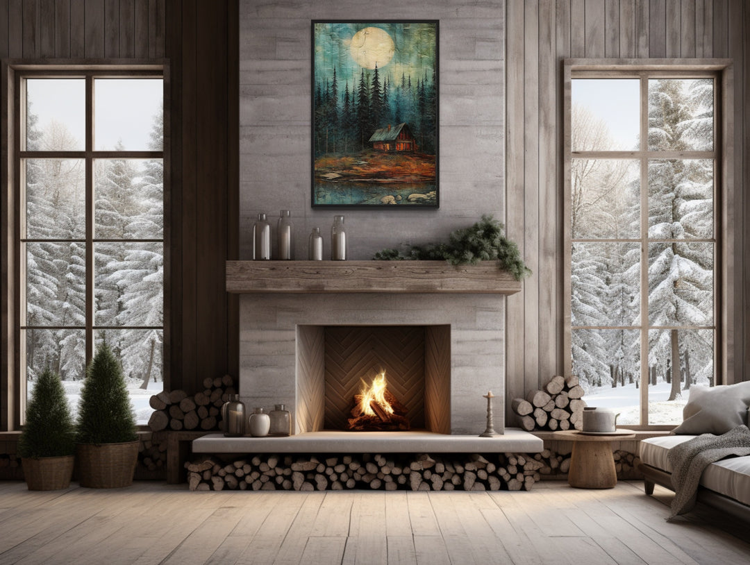 Cabin In The Woods Framed Canvas Wall Art above mantel