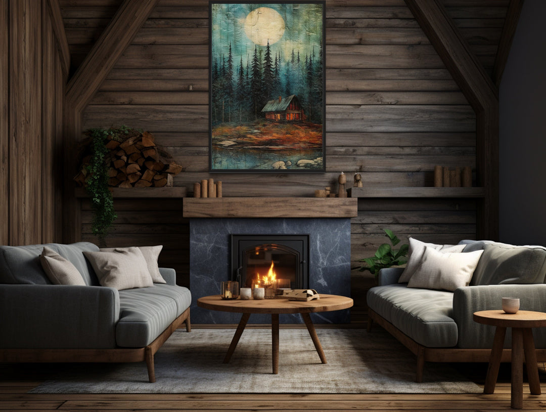 Cabin In The Woods Framed Canvas Wall Art in rustic cabin