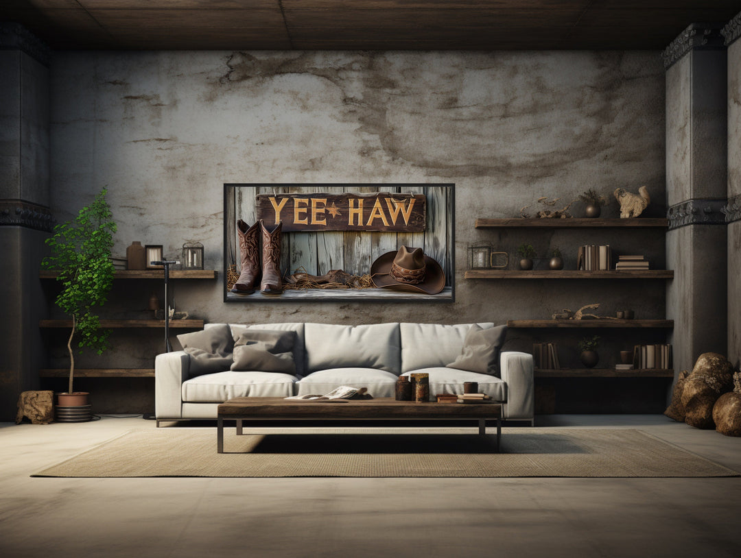 Yeehaw Sign, Cowboy Boots And Hat Southwestern Framed Canvas Wall Art in man cave