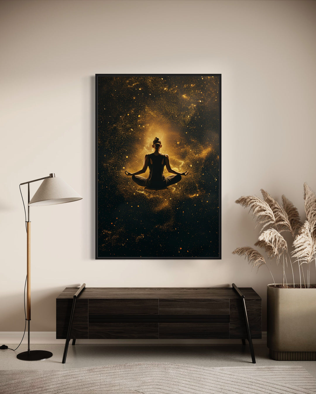 Woman in Lotus Pose Zen Meditation Framed Canvas Wall Art in living room