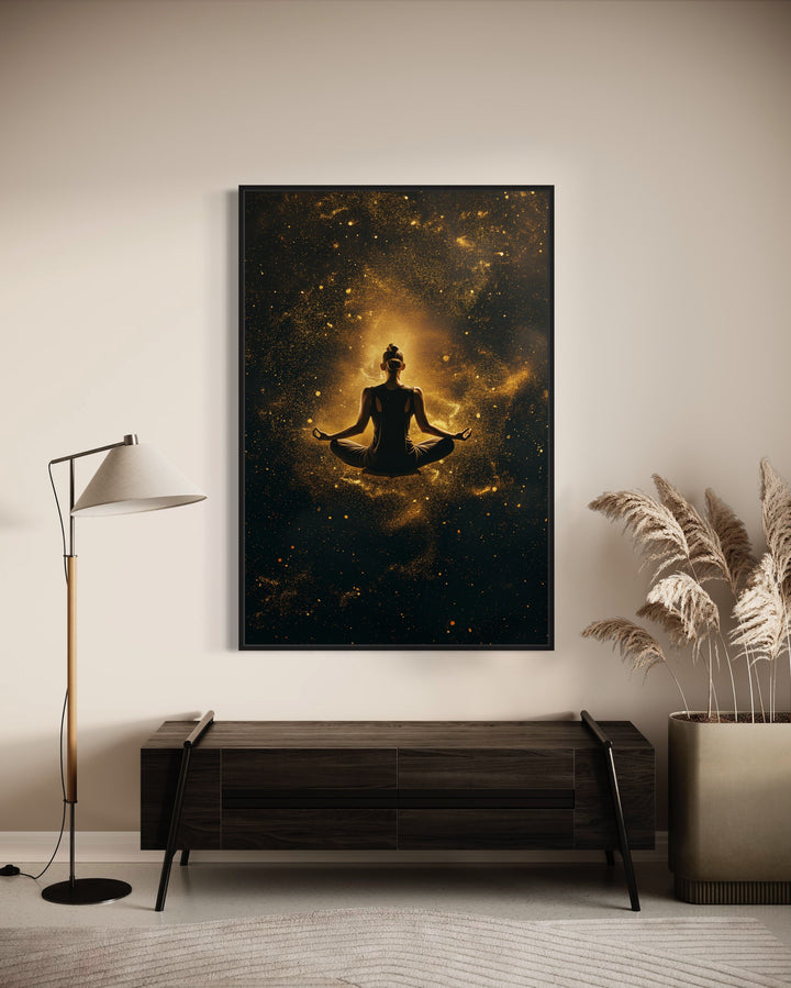 Woman in Lotus Pose Zen Meditation Framed Canvas Wall Art in living room