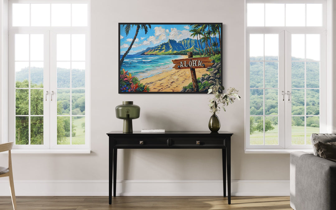 Oahu Beach Landscape With Aloha Sign Hawaii Framed Canvas Wall Art in living room