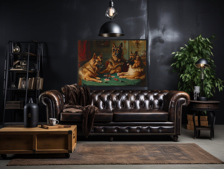 German Shepherds Dogs Playing Poker Framed Canvas Wall Art in man cave