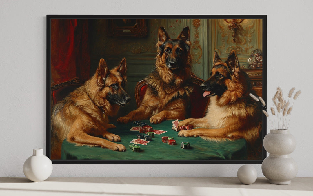 German Shepherds Dogs Playing Poker Framed Canvas Wall Art close up