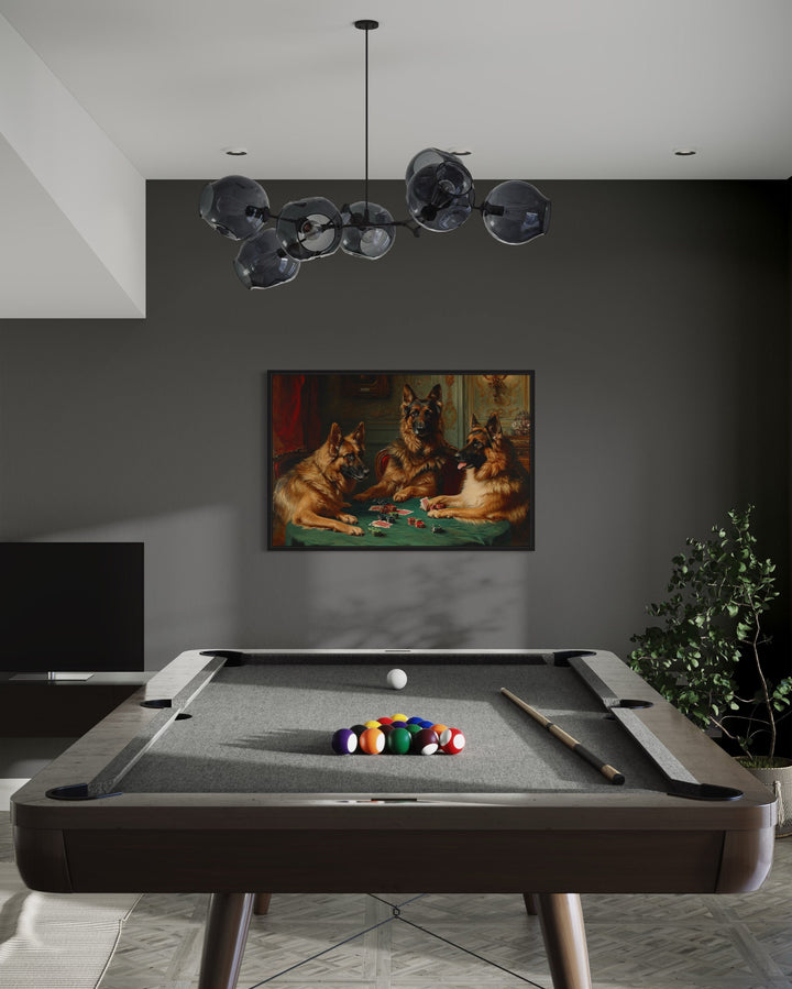 German Shepherds Dogs Playing Poker Framed Canvas Wall Art in game room