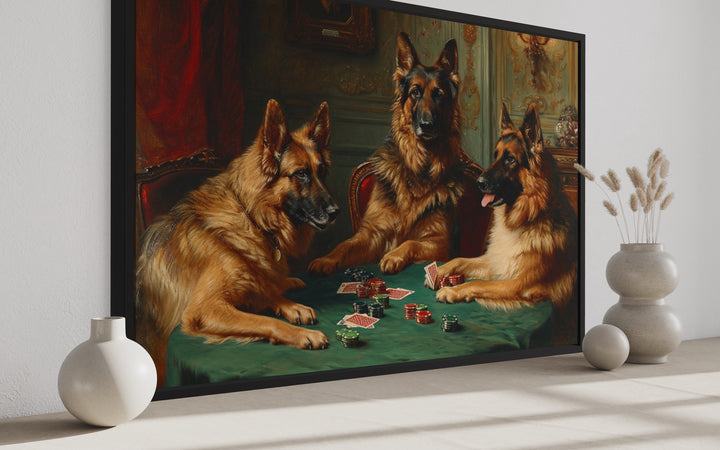 German Shepherds Dogs Playing Poker Framed Canvas Wall Art side view