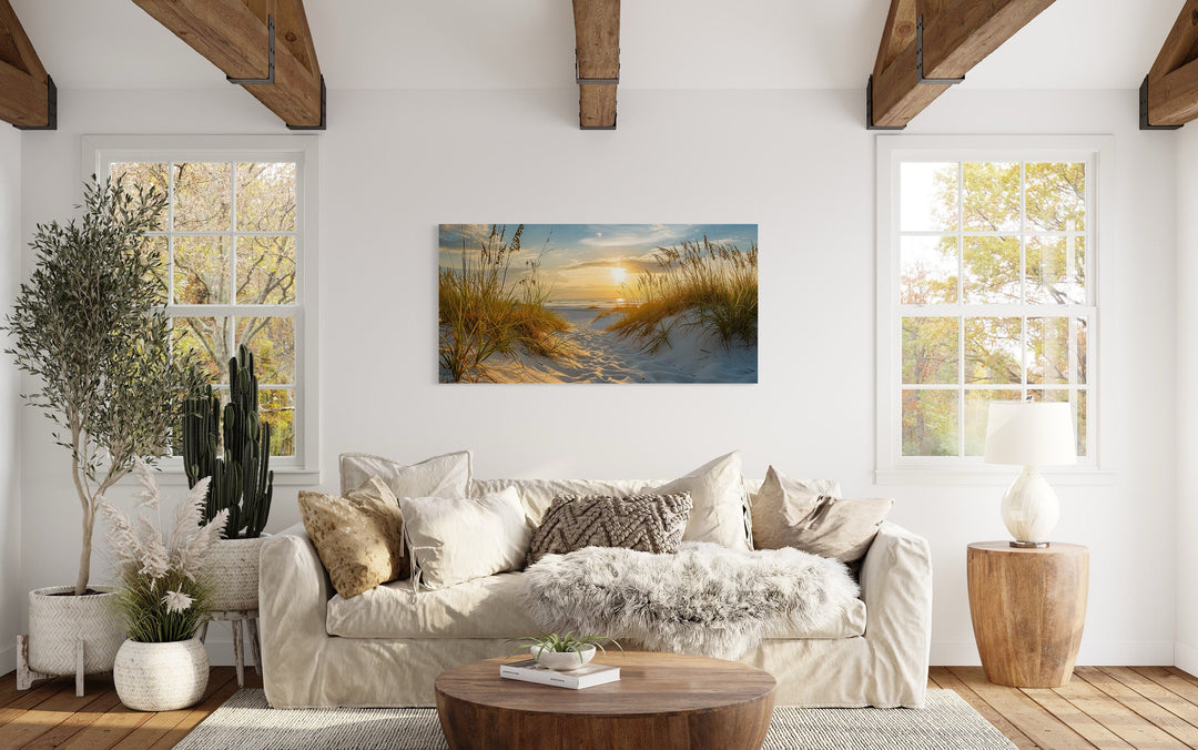 Sand Dunes Beach Sunset Framed Canvas Wall Art in living room