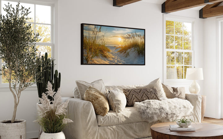 Sand Dunes Beach Sunset Framed Canvas Wall Art in living room