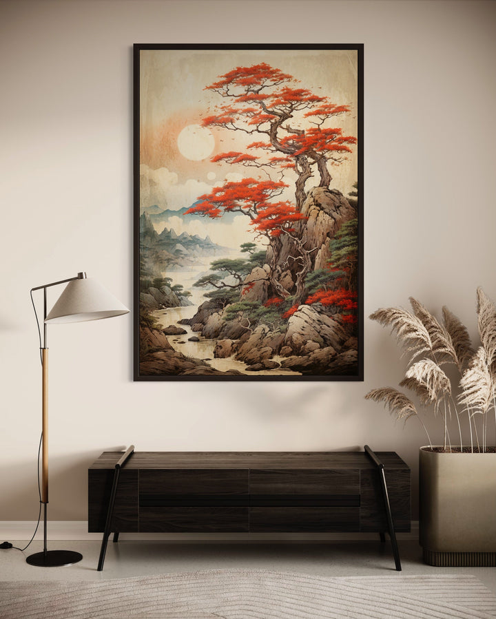 Traditional Ukiyo E Style Japanese Maple Tree Landscape Framed Canvas Wall Art in living room