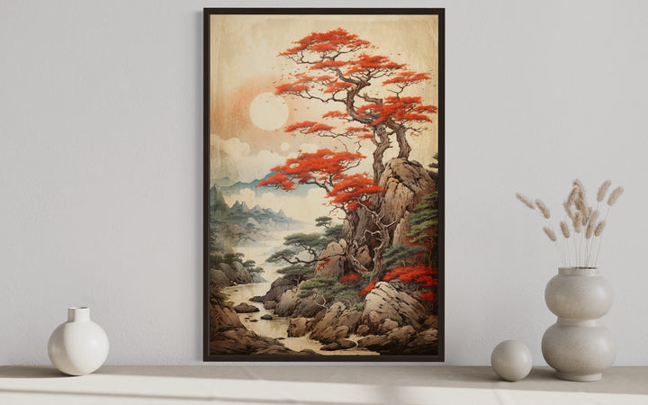 Traditional Ukiyo E Style Japanese Maple Tree Landscape Framed Canvas Wall Art close up