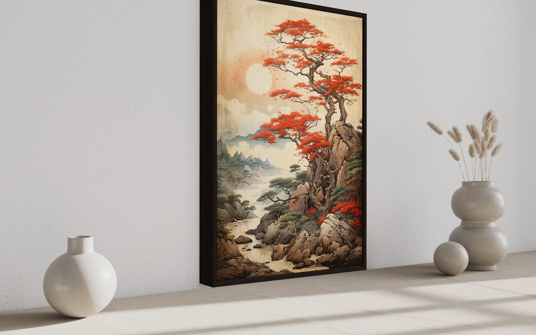 Traditional Ukiyo E Style Japanese Maple Tree Landscape Framed Canvas Wall Art side view