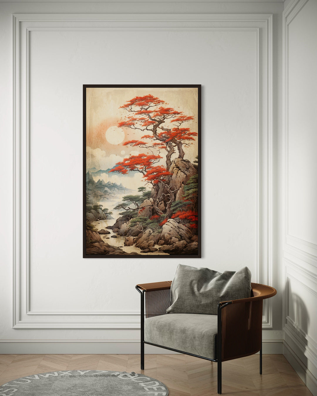 Traditional Ukiyo E Style Japanese Maple Tree Landscape Framed Canvas Wall Art behind armchair